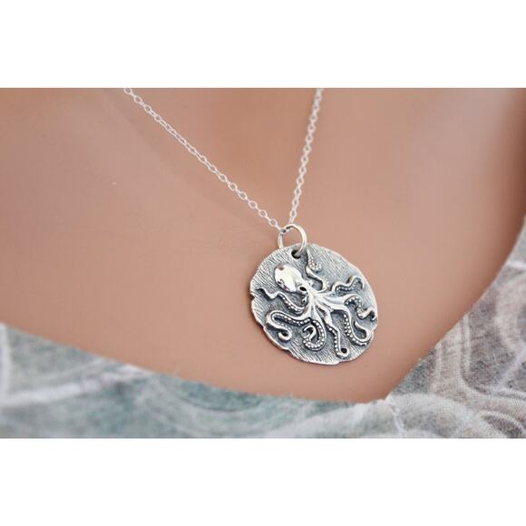 Sterling Silver Octopus Coin Charm Necklace, Octopus Ancient Coin Charm Necklace - Picture 5 of 6